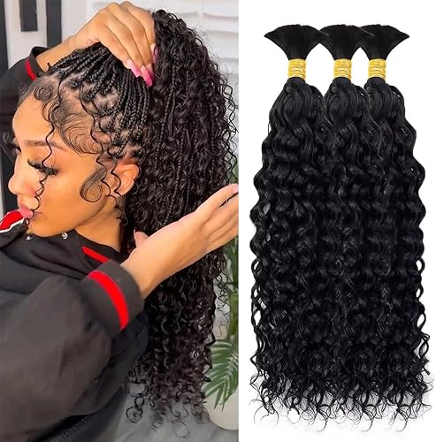 Human Braiding Hair 3 Bundles/Pack 150g Curly Water Wave Bulk Hair for Braiding No Weft 10A Brazilian Virgin Human Braiding Hair for Boho Braids Wet and Wavy Braids Extensions (16 16 16inch)