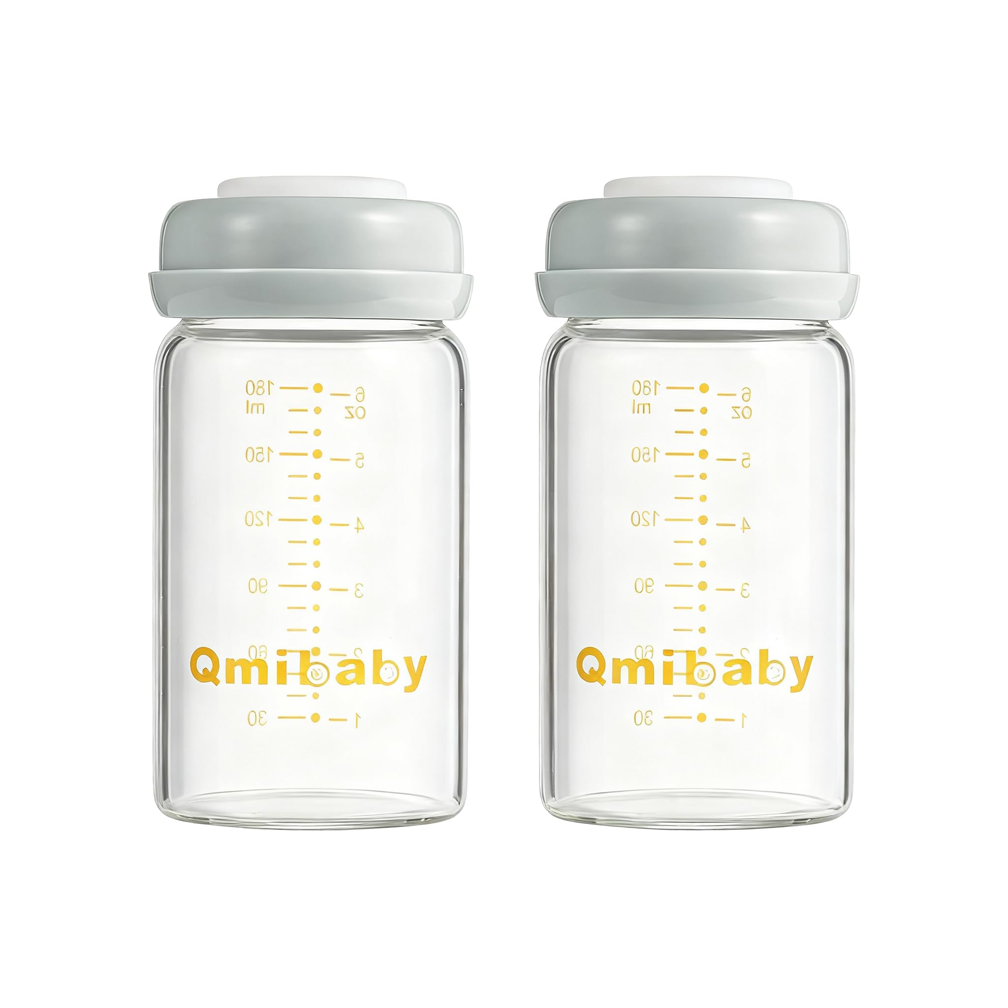 Qmibaby Glass Breastmilk Storage Bottles BPA-Free Leak-Proof Baby Bottle for Breastmilk Storage Wide Neck Bottles with Screw Ring Sealing Disk Breastfeeding (Grey-180ML-2PCS)