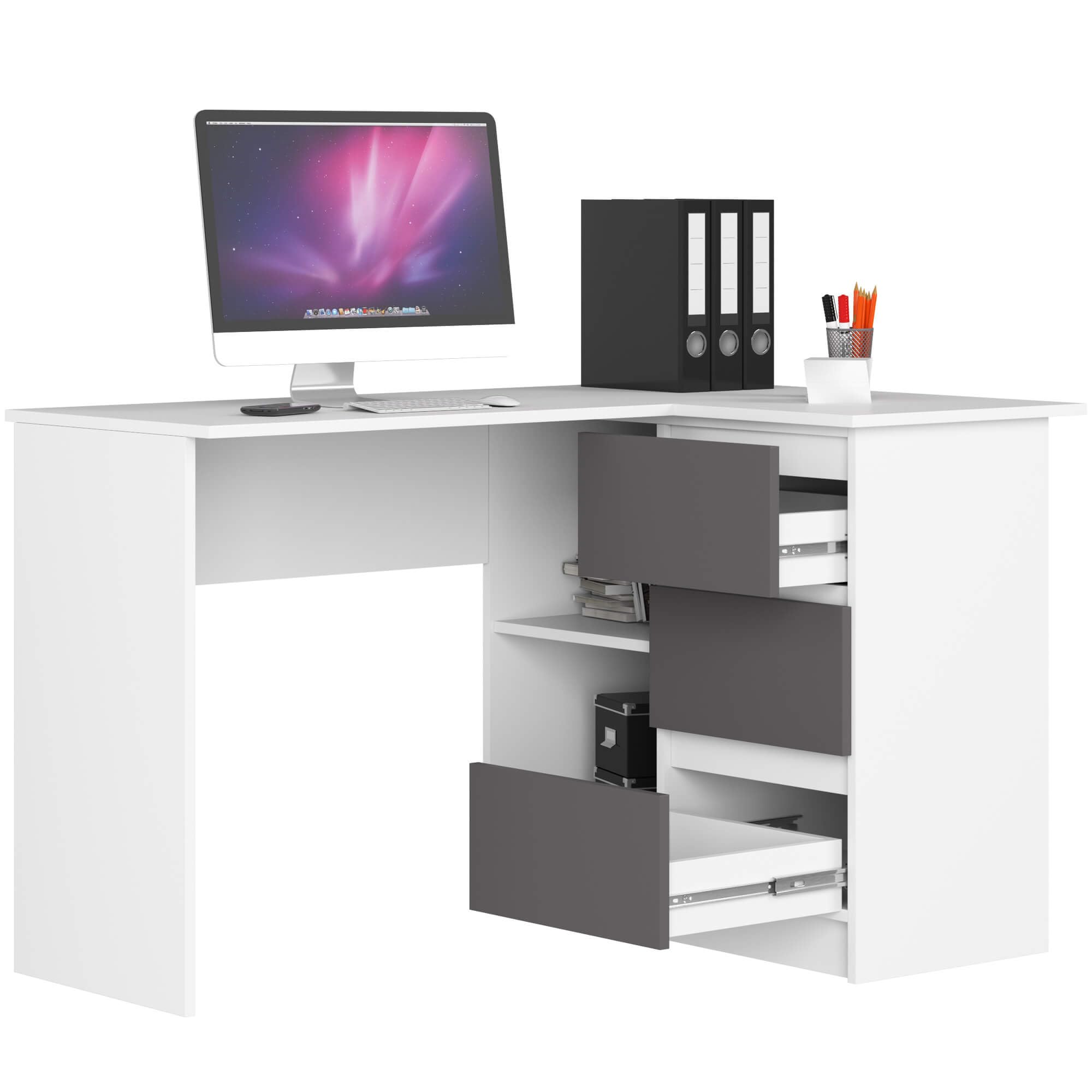 Escritorio esquinero AKORD B16 Blanco 124 cm con lado derecho 3 cajones frente en color Grafito Gris 2 estantes 124x85x77 cm