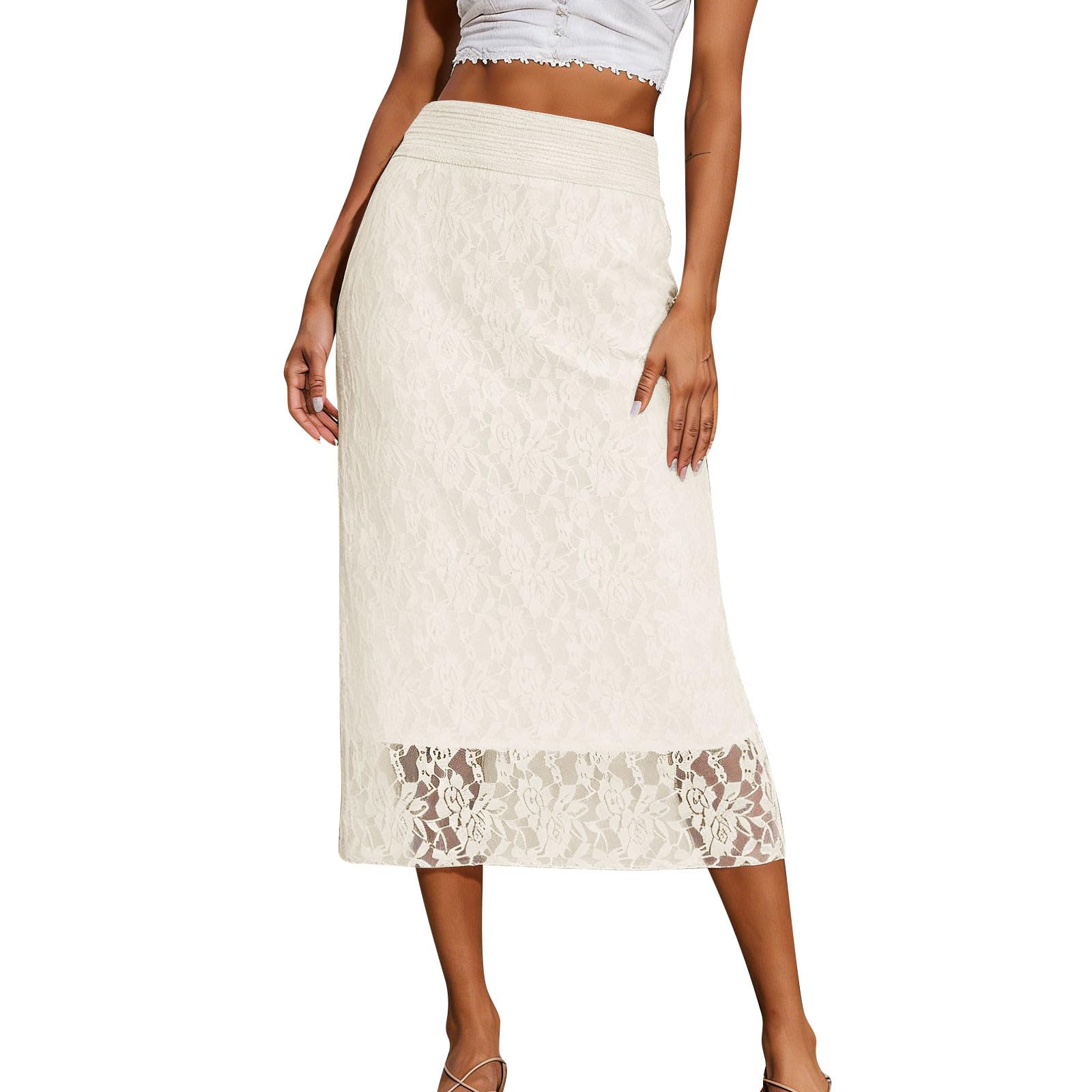 Lace Long Skirts for Women Dressy Casual High Waist A-Line Maxi Skirts Summer Trendy Elegant Work Office Ladies