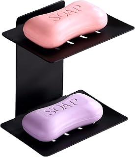 GLAITC Porte-Savon en Acier Inoxydable Porte-Savon sans perçage Plateau à Savon Mural Économiseur Savon Auto-adhésif Douche Panier à Savon Double pour Salle de Bain,Cuisine,Balcon (Noir)