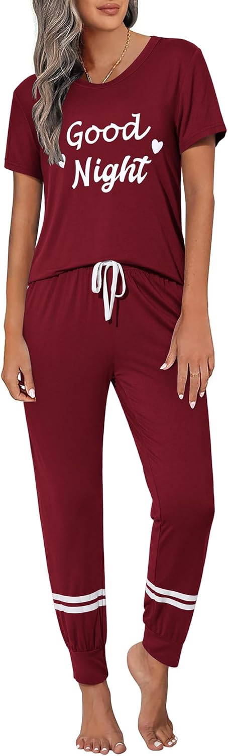 Ekouaer Womens Pajamas Set 2 Piece Lounge Pj Set Short Sleeve Sleepwear Tops with Joggers Pants Loungewear Print Nightwear