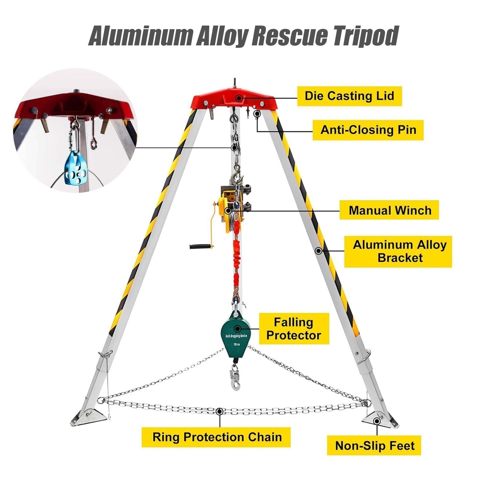Trípode de Rescate de Emergencia, Kit de trípode de elevación portátil Ajustable para Espacios confinados - Sistema de Rescate de Emergencia con cabrestante Manual y Dispositivo anticaída, c