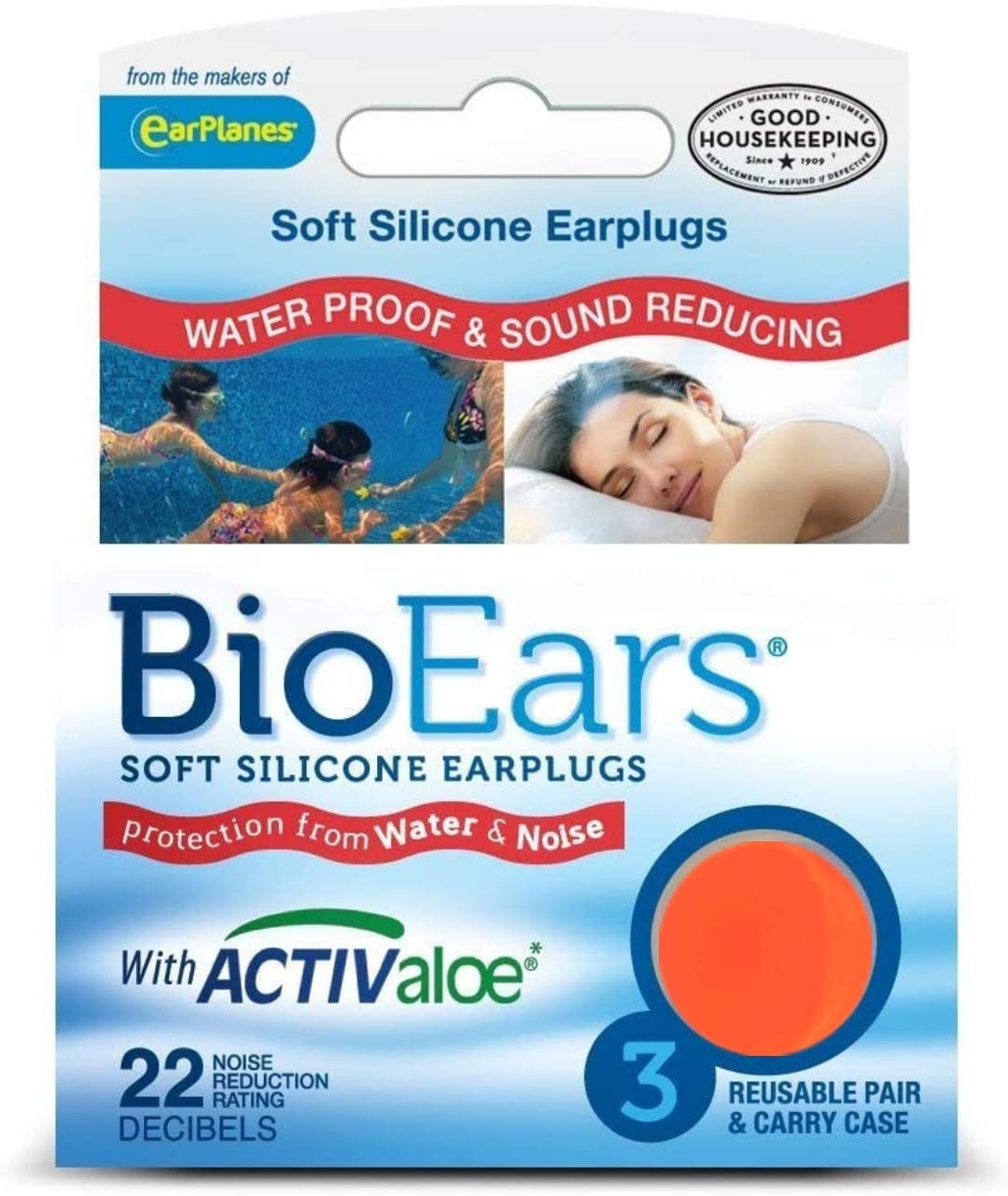 James BioEars 3 Pair Soft Silicone Ear Plugs for sleep study Loud noise Meditation Sound Reducing swim water proof Ear Plugs Carry Case with Active Aloe (Orange)-image-43