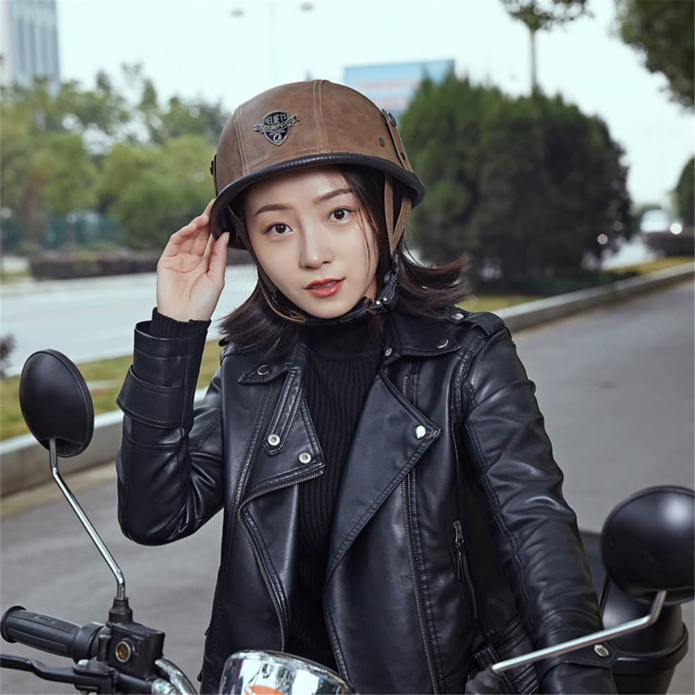 Casco da Moto Mezzo Casco con Cappuccio Testa, Retro PU Mezzo Guscio Casco, DOT/ECE Approvato Casco Stile Tedesco Vintage per Uomini Donne (M ~ XXL)