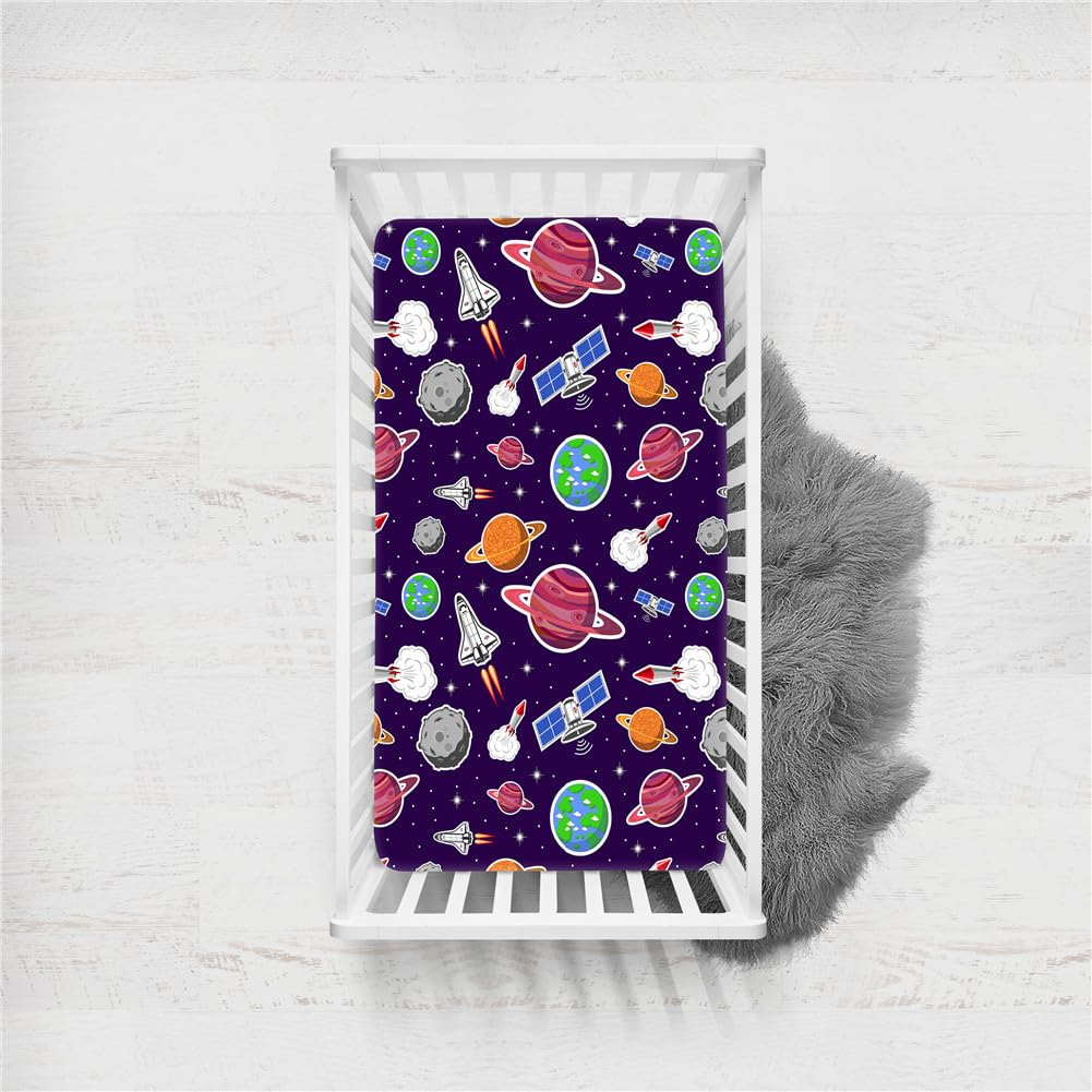 Odot Soft Cot Bed Sheets, Bedside Cribs Fitted Sheets for Boys and Girls, Baby Bed Sheets Cot Bed Mattress Protector, Bassinet Sheets, Easy Care and Dureable (90x45cm,Planet Rocket 1)