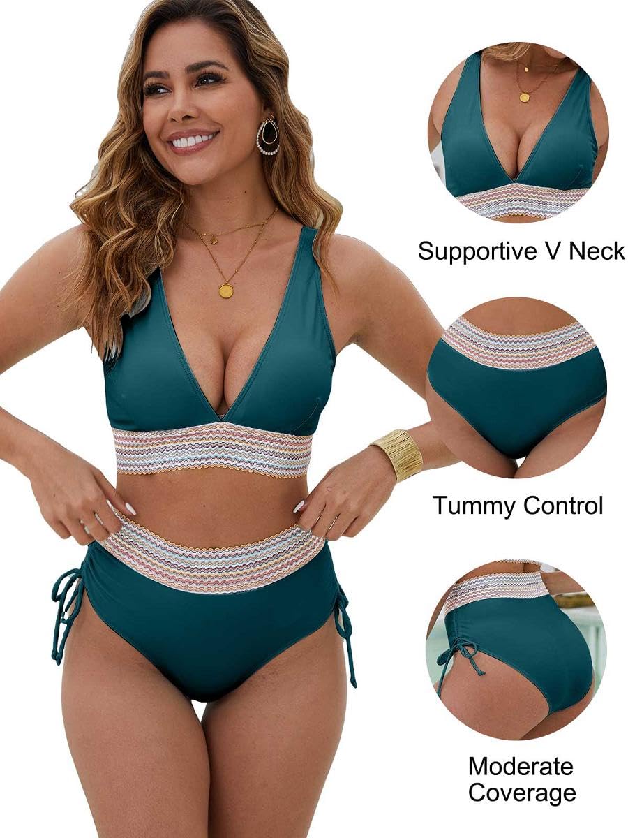 Yutdeng Conjunto Bikini Mujer Braga Alta Reductores Barriga Push Up con Relleno Cuello V Bañador 2 Piezas