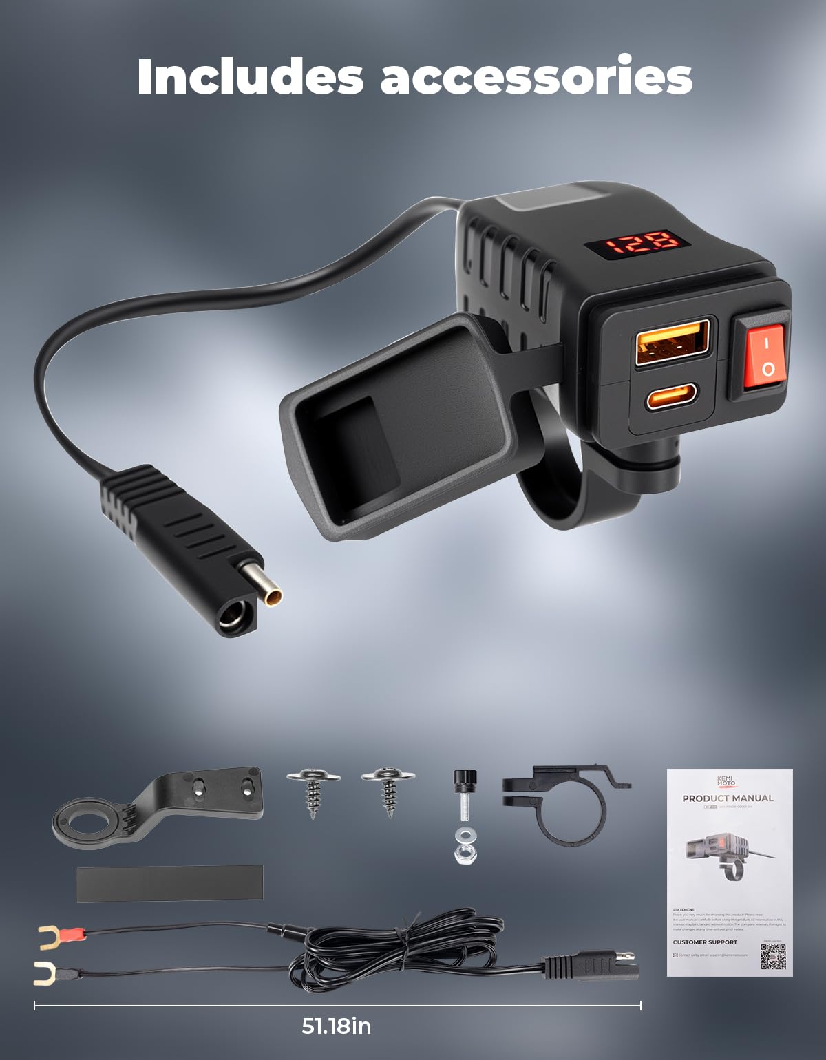 KEMIMOTO Caricatore per moto con interfaccia USB di tipo C e interruttore separato