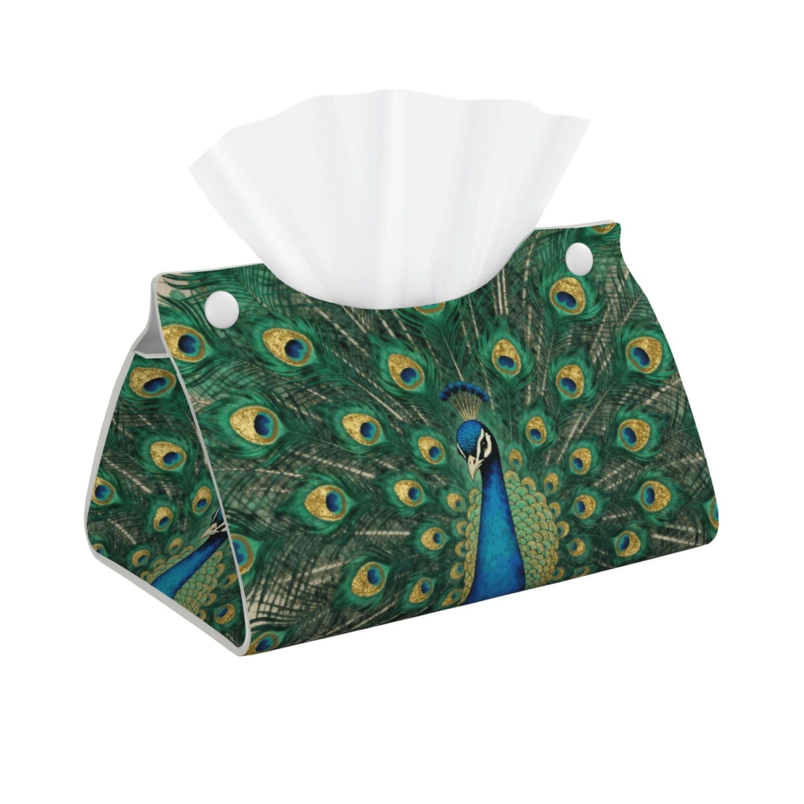 Peacock Tail Gold Long Leather Tissue Box Cover-Waterproof PU Leather Tissue Holder for Bathroom, Decorative Rectangular Tissue Case