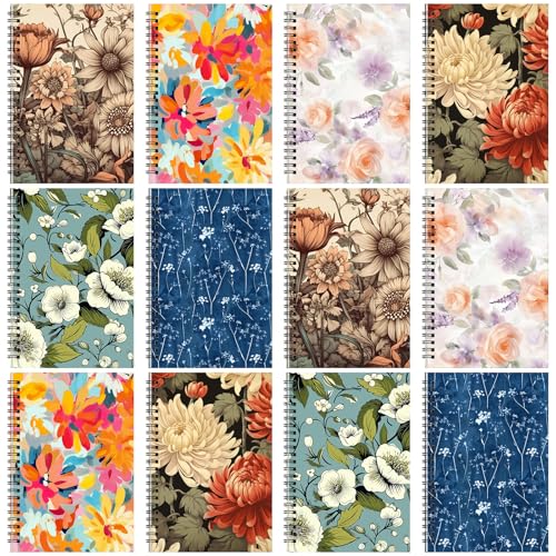 Fuutreo 12 Pcs Spiral Notebook for Work A5 8.3 x 5.7 Inch College Ruled Spiral Journal Notebook Kraft Cover Ruled Paper, 12 Color, 60 Sheets, 120 Pages for Office School (Vintage Flower,Innovative)