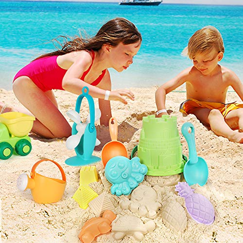 GobiDex Ready Beach Bag,20 Funky Beach Sand Toys Set – Phthalates and BPA Free – Sandbox Toys for Toddlers 36 m+, Green Bucket,Colorful Shovels, Rakes, Watering Can, Molds