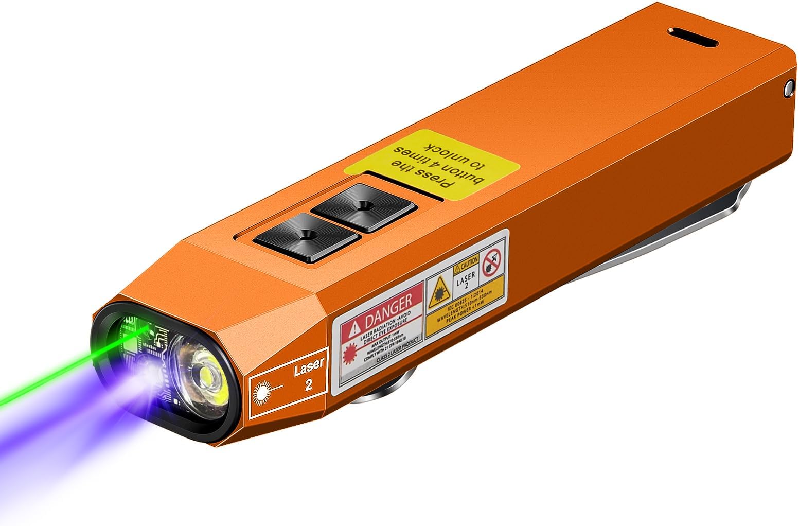 Rechargeable EDC Flashlight USB C with White Light, UV and Green Beam 1000 Lumens Portable Flat Flashlight,Programming dimming，for Night Duty, Emergency Repair Orange