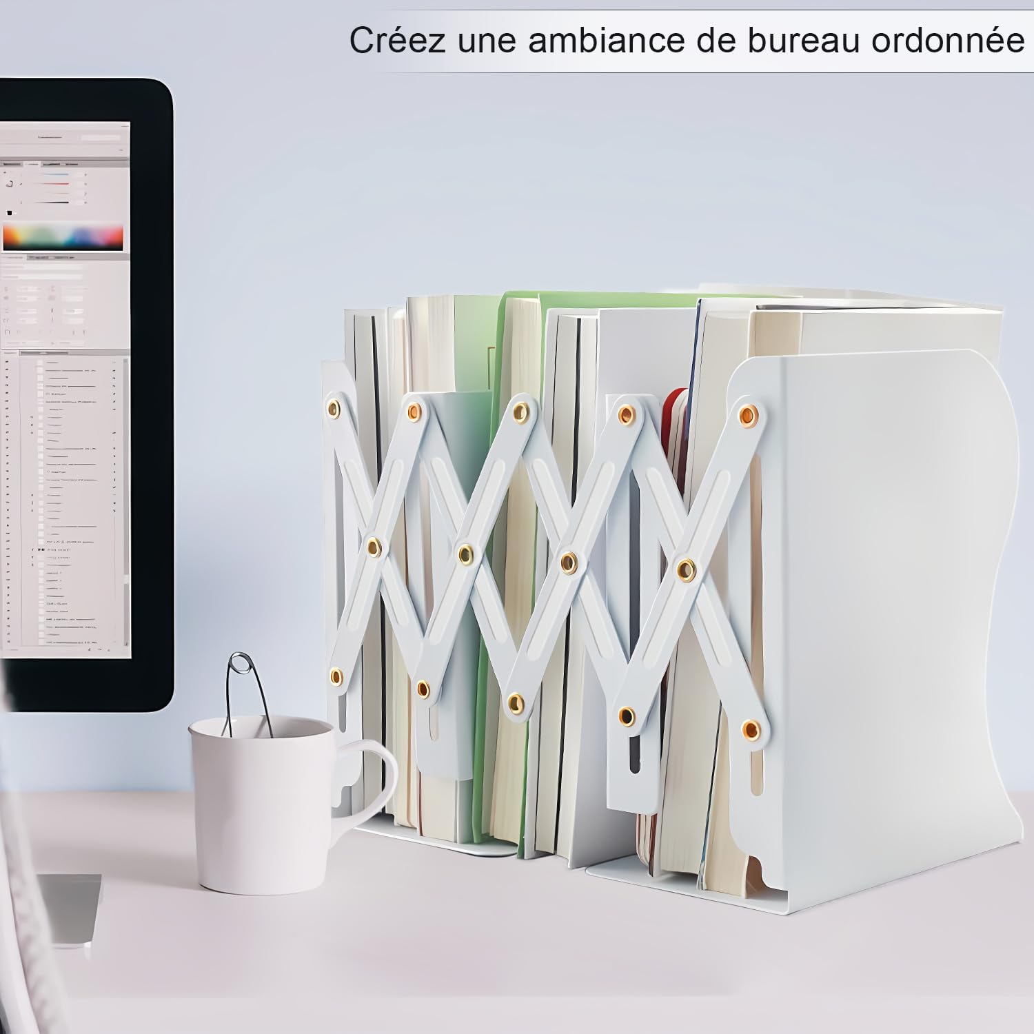DARUITE Serre-Livres en Métal Réglable et Robuste - Organiseur et Accessoires de Bureau Scolaires pour la Maison, l'École, Bibliothèque - Blanc X 2
