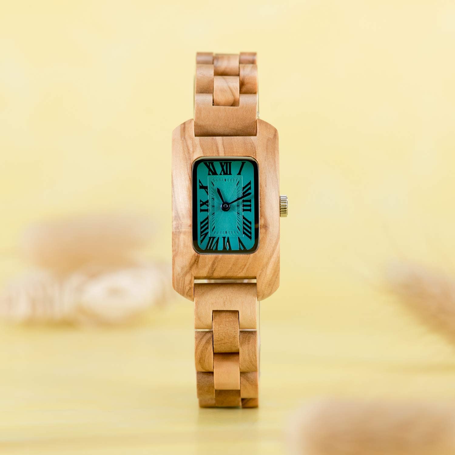 Womens Wooden Watch Rectangle Square Lightweight Elegant Blue Dial Natural Olive Wood Hand & Case Wooden Wrist Watch for Women