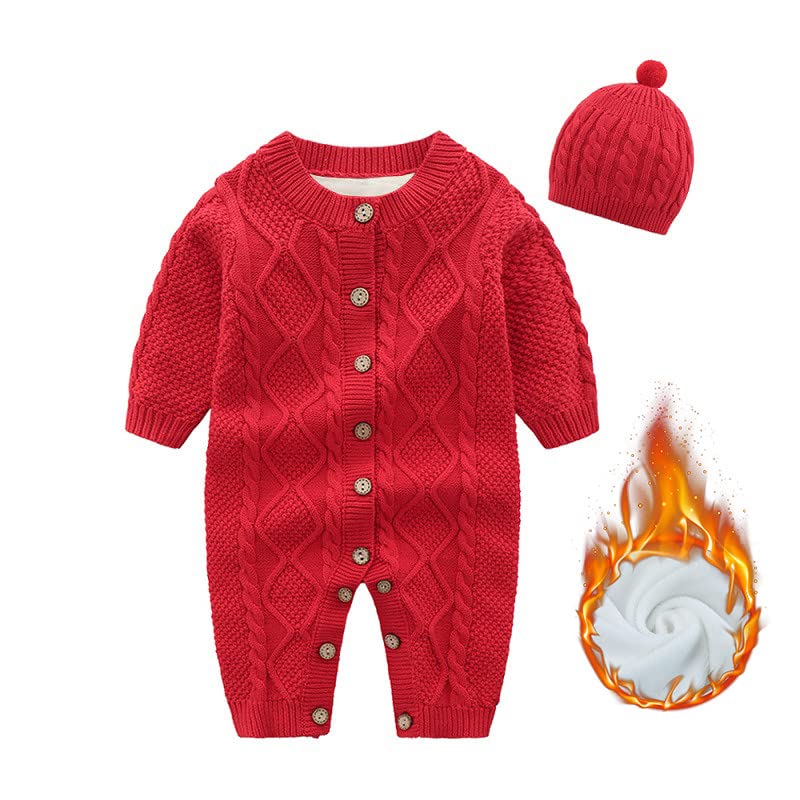Image of IADOER Baby Newborn Boy Knitted Sweater Romper Cotton Longsleeve Outfit with Kids Winter Warm Hats Set
