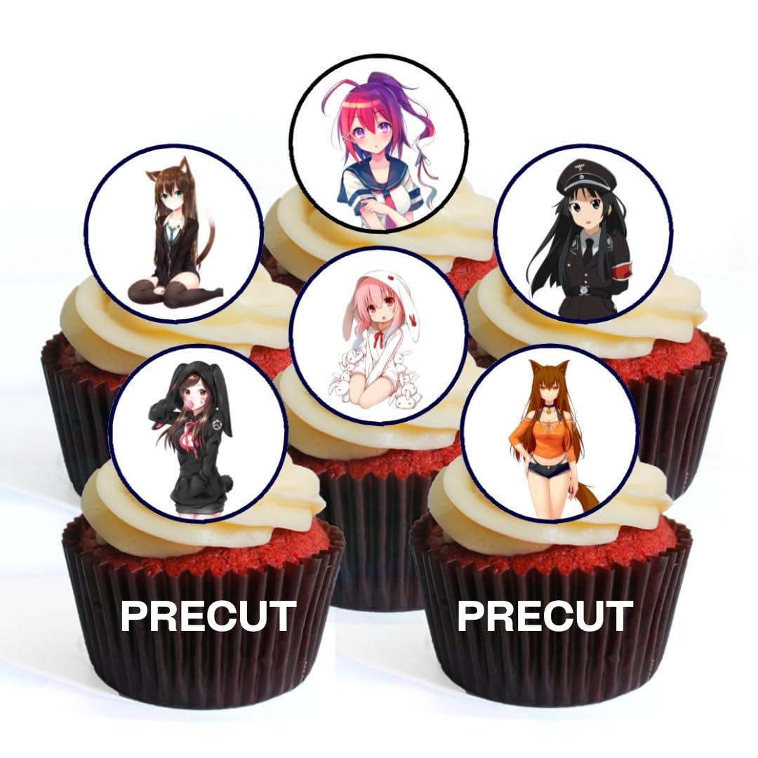 Cute Anime Girls Edible Cupcake Toppers – Wafer Card Manga Cake Decorations, Premium Thickness Sweetened Vanilla – 24 x 4cm / 1.5 Inch PRECUT Discs