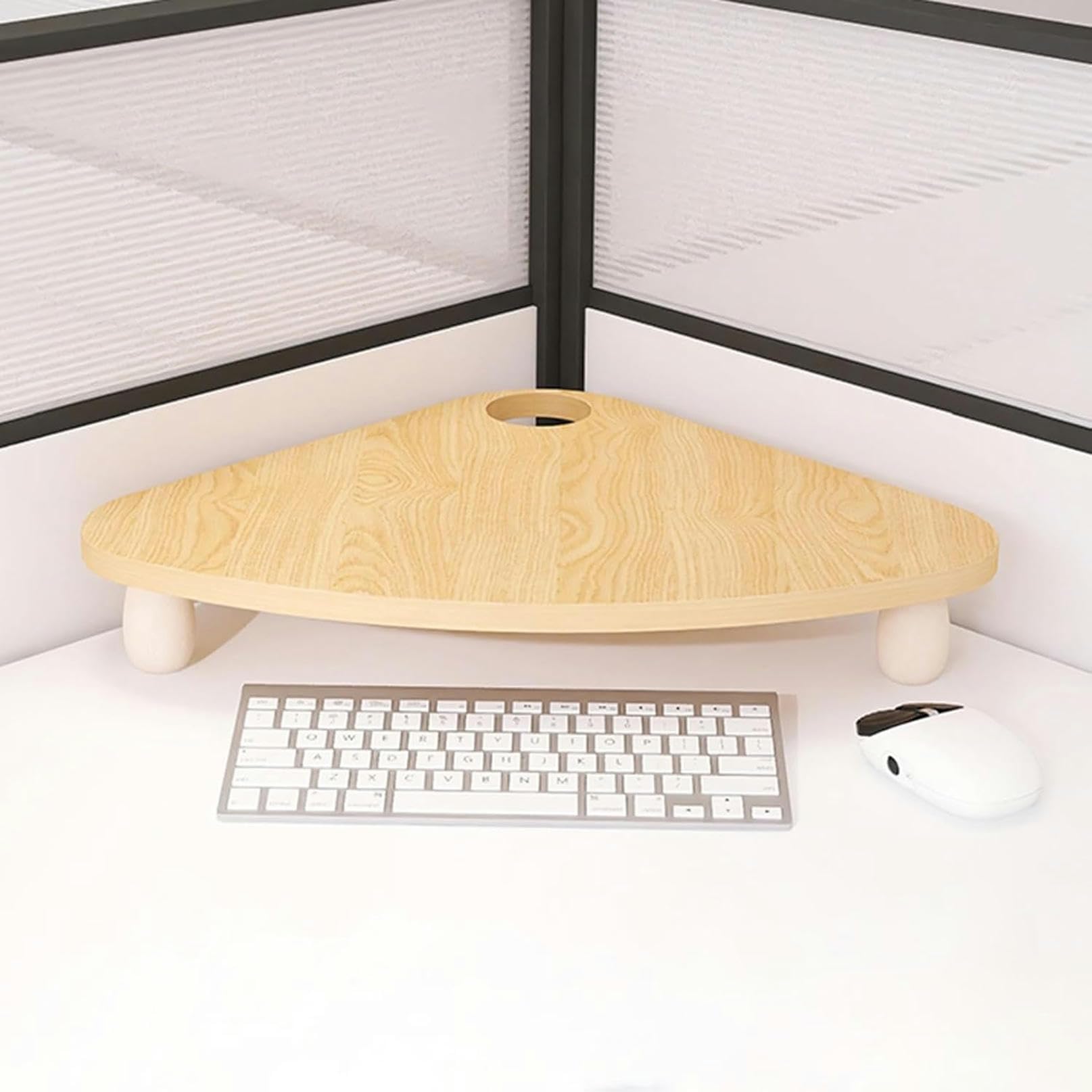 CGJseFH computer stand, Triangle Monitor Stand Riser for Desktop, Wooden Corner Screen Holder, Office Computer Organizer with Wire Combing Hole,White(Natural)