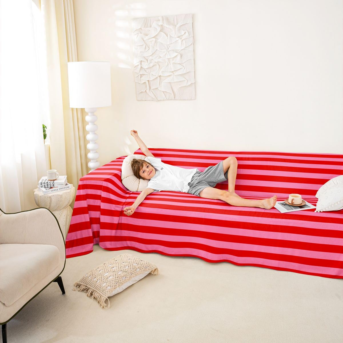 Homewish Funda de sofá a rayas rosas y rojas de 180 x 340 cm para 2, 3 y 4 plazas