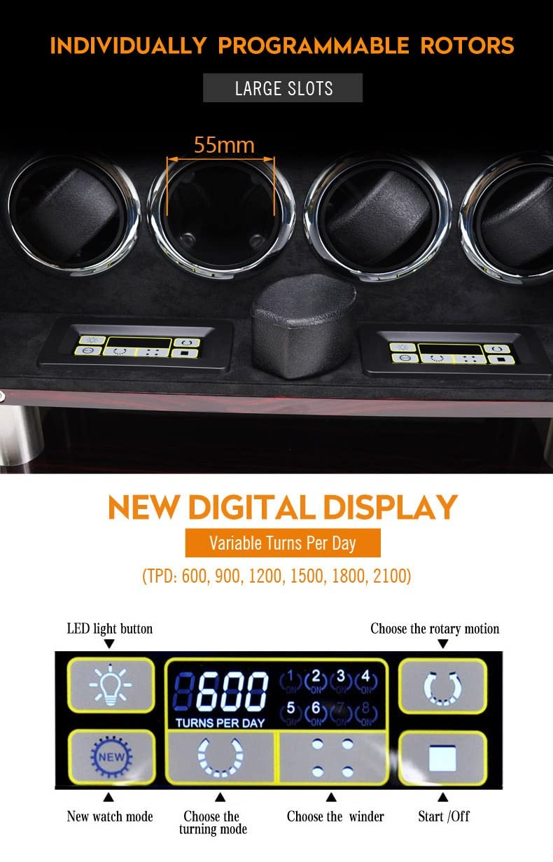 Caricatori per Orologi per 6, 8, 12, 16 Orologi Illuminazione e Controllo Touchscreen LCD Custodia in Legno per Orologi da Polso con Motore Silenzioso Scatola espositiva ，Black+Brown-8+0