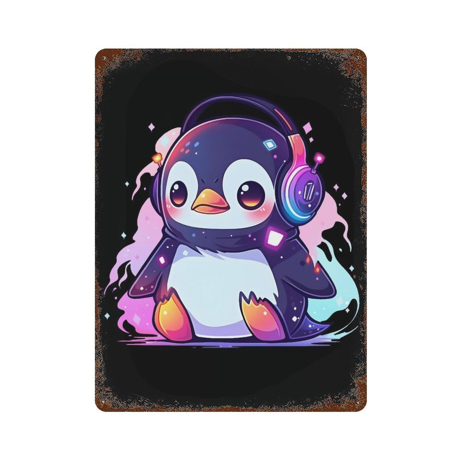 Music Penguin Rust Effect Tin Sign 15.7"x11.8", Rustic Home Decor for Garage, Bar And Workshop Decor