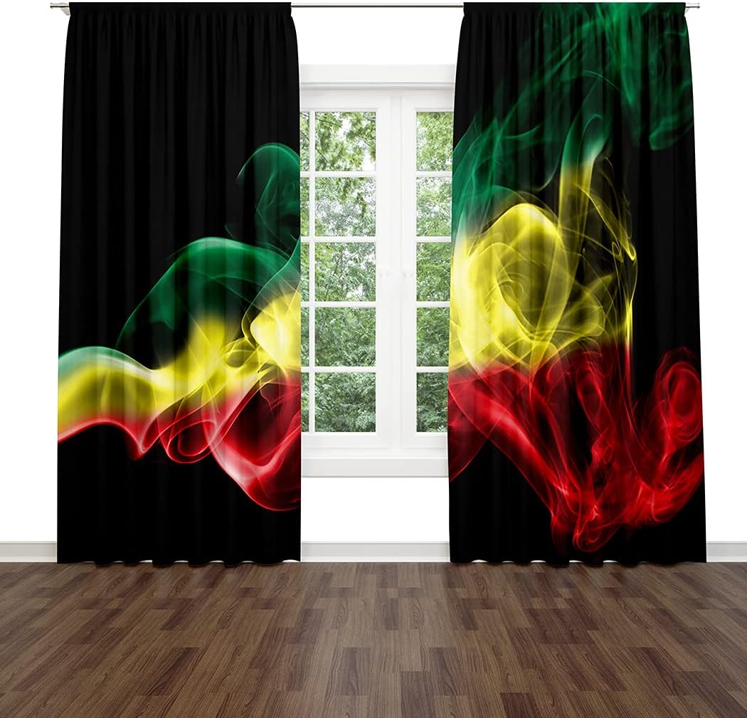 Cannabis Window Drapes Curtain Rasta Ethiopia Smoke Flag Burn Cannabis Celebration Country Rod Pocket Drapes Curtain for Living Room Home Decor 52x63 Inches 2 Panels