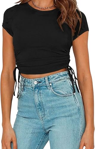 Miniatura 2 de LINENVI Camiseta básica de manga corta con cordón lateral fruncido y cuello redondo para mujer