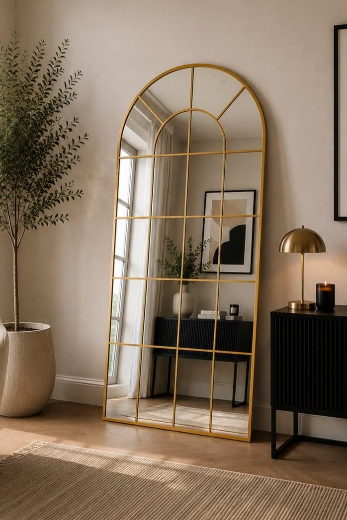MirrorOutlet The Arcus - Gold Framed Window Modern Full Length Arched Leaner/Wall Mirror 71" X 33.5" (180CM X 85CM) Silver Mirror Glass with Black All weather Backing.