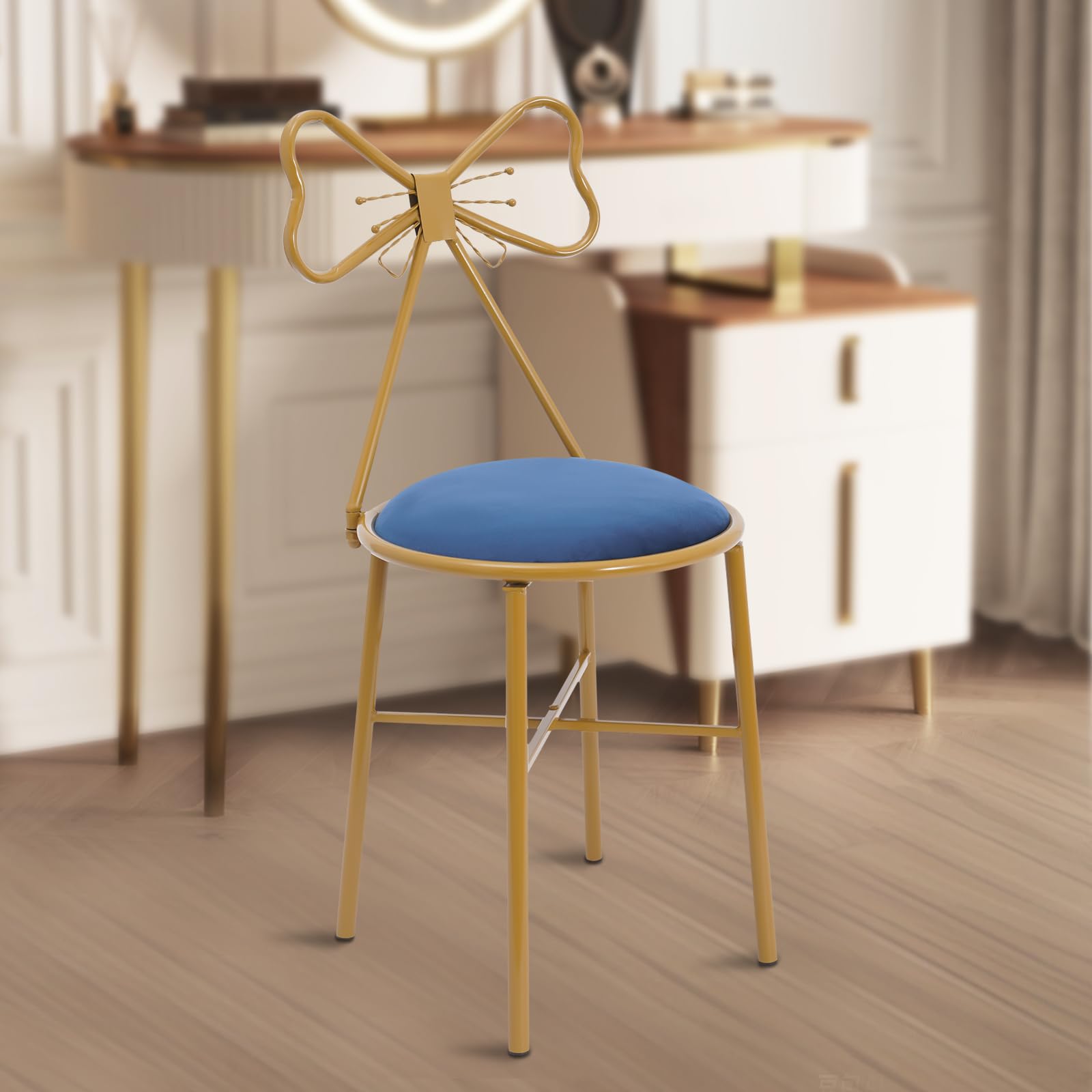 Blue Modern Vanity Chair, Cute Shaped Armless Stool with Velvet Cushion, Makeup Chair with Butterfly Backrest, Vanity Stool Golden Leg for Living Room, Bedroom, Office