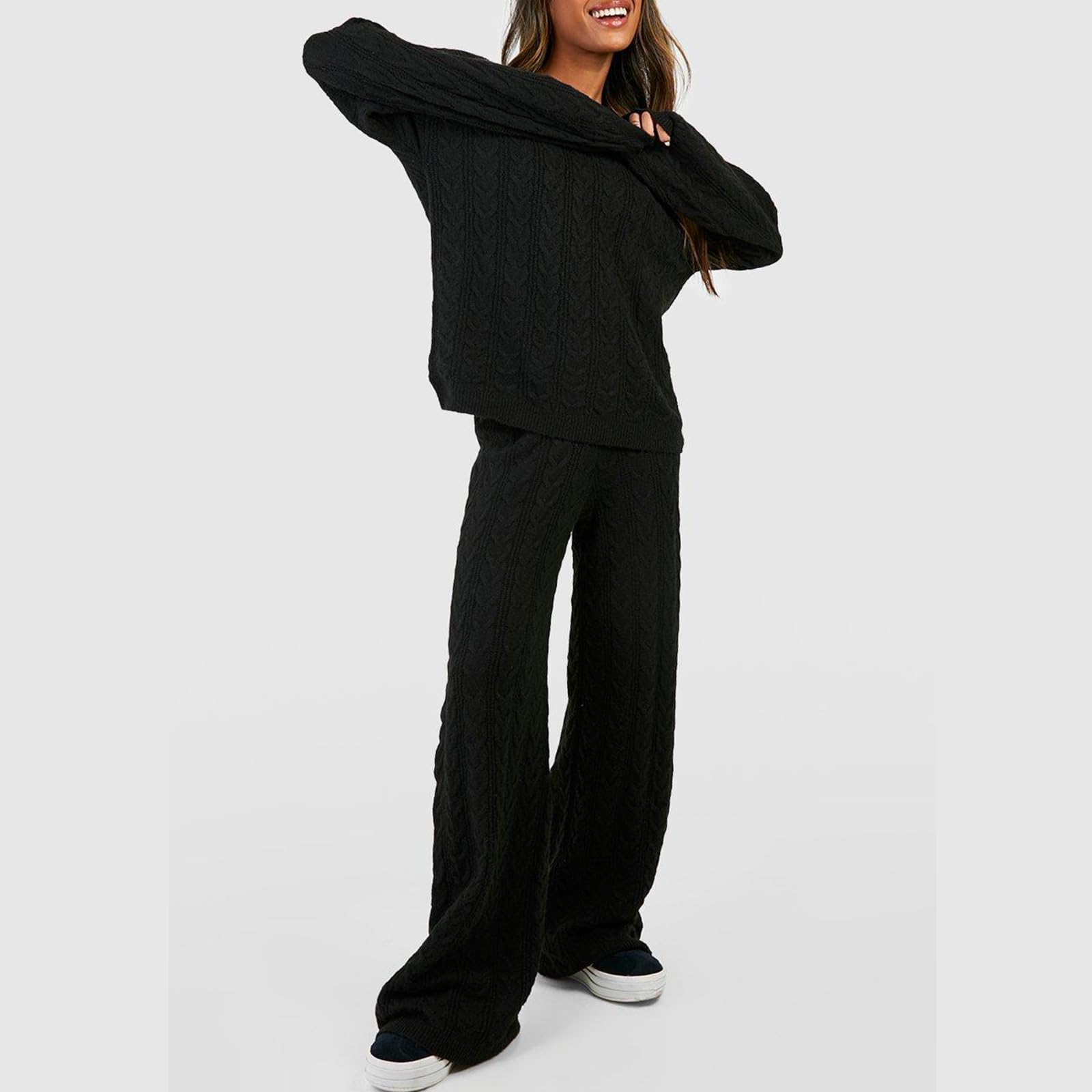 Zweiteilige Damen-Outfits, Pullover-Sets, 2-teiliges, langärmliges Strickpullover, Oberteil, weites Bein, Hose, lockere, passende Loungewear