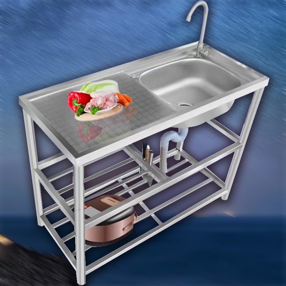 HYSOPSPX Outdoor Utility Sink - Freestanding Stainless Steel Kitchen with Workbench, for Camping and Food Prep