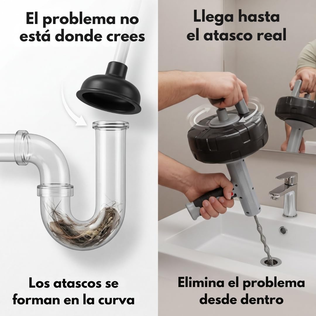Desatascador de Tuberías Profesional 10 m – Cable y Muelle de Acero Flexible para Fregadero, Ducha y WC | Sirga Desatascador para Desagües sin Productos Químicos con Guantes, Cepillo, Toalla y Manual.