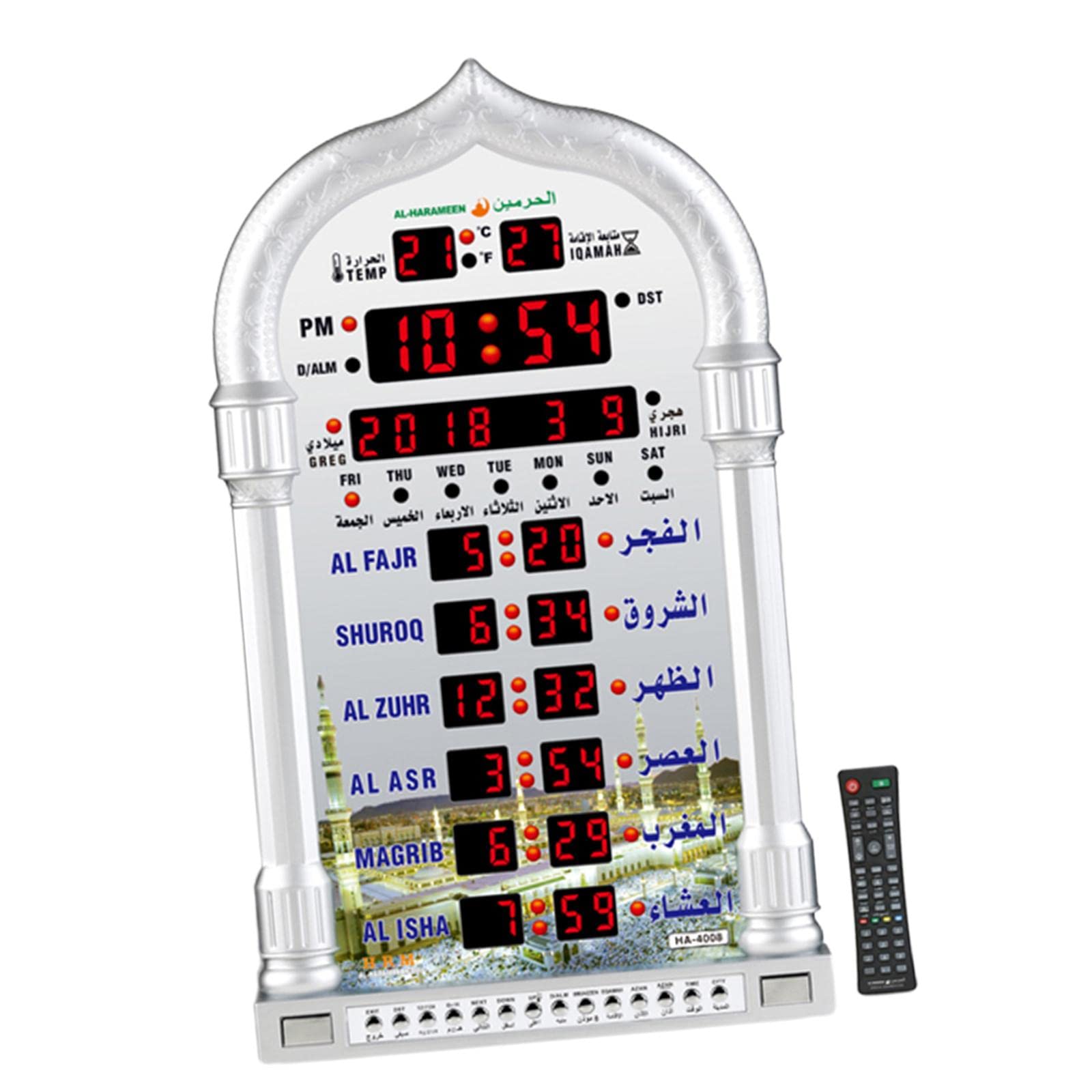 CALANDIS Muslim Azan Clock Mosque Prayer Clock Ramadan LCD Alarm Clock Wall Clock Silver | Plastic | 1 Piece Azan Clock1 Piece Power Adapter (EU) 1 Piece Instruction Manual