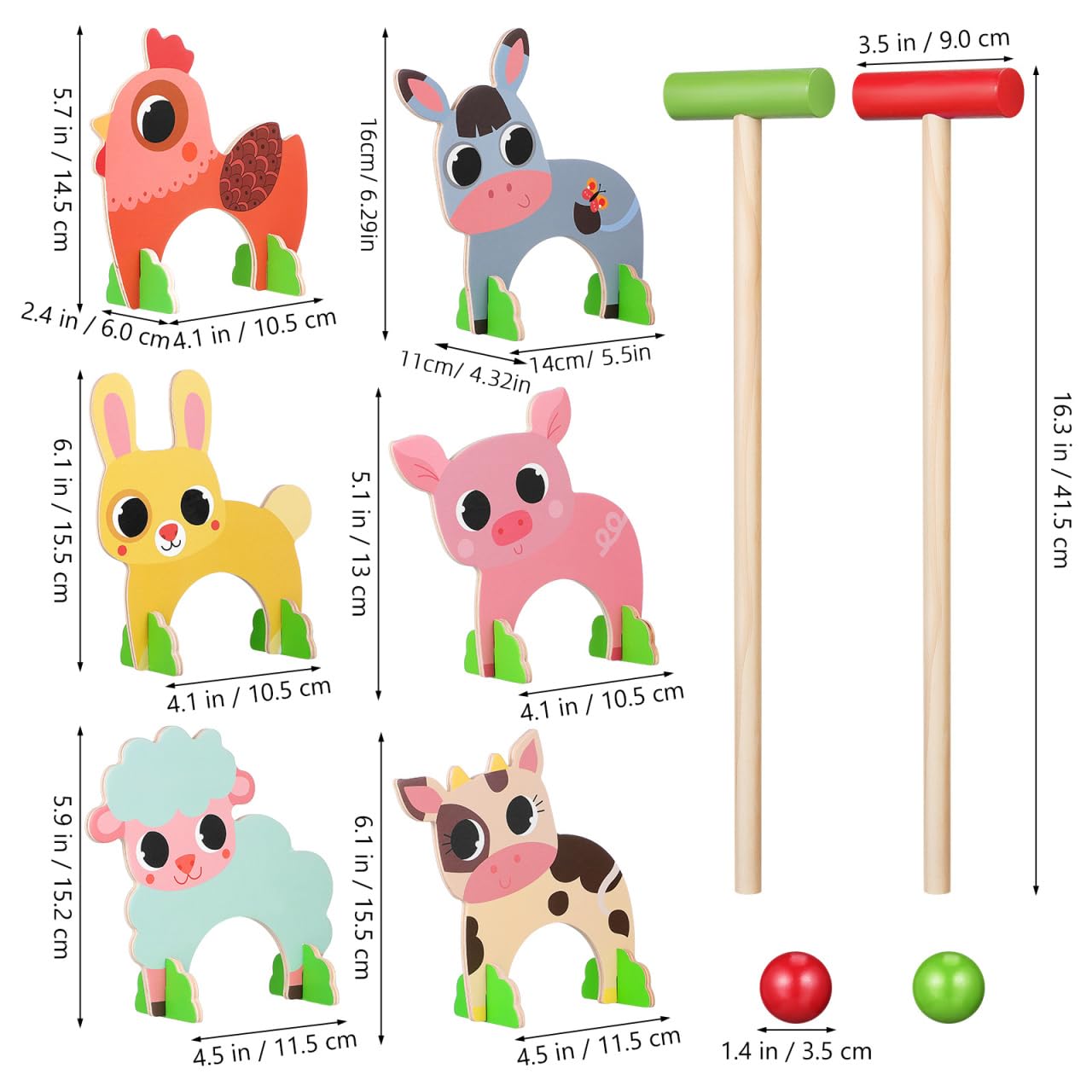 Housoutil Lustiges Tier-Gateball-Set, Krocket-Set aus Holz mit Tiermotiven, Pädagogisches Sport-Spielzeug mit Golfschlägern Und Krocketbällen, für Den Vorschulbereich im Freien