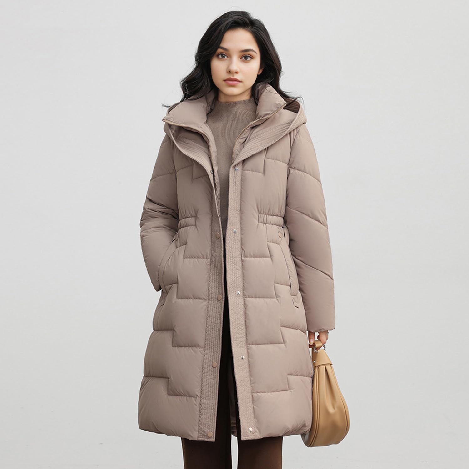 Verdickte lange Daunenjacke für Damen, mit Kapuze, Winter-Puffer, Oberbekleidung, Parka, Mantel, Stehkragen, knielang, Schneeanzug mit Gürtel