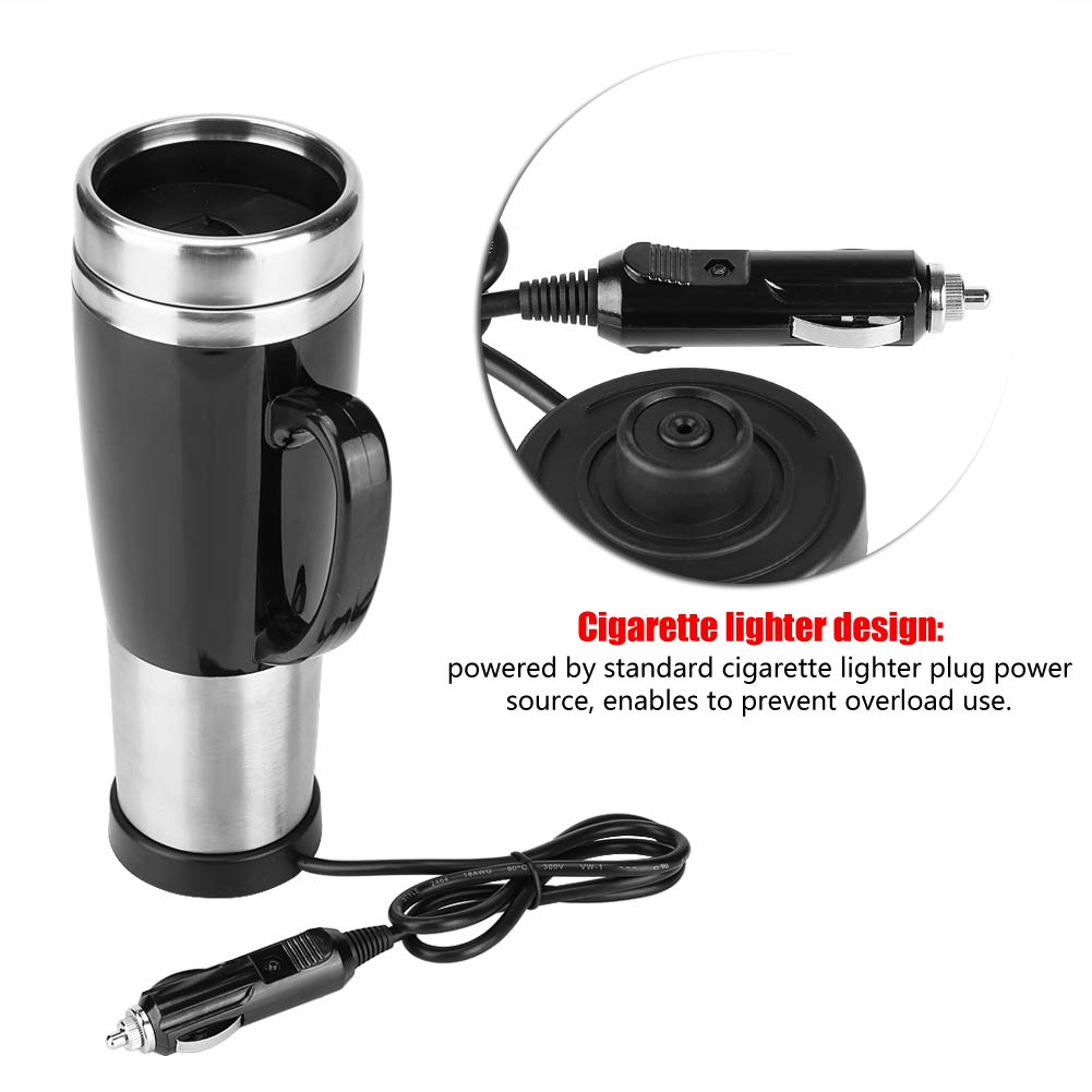 Taza de Calefacción para Coche de 50 W, Taza de Calefacción para Coche de 450 ml, Taza de Café Eléctrica de Viaje de Acero Inoxidable, Contactos de Alimentación Integrados(12V)