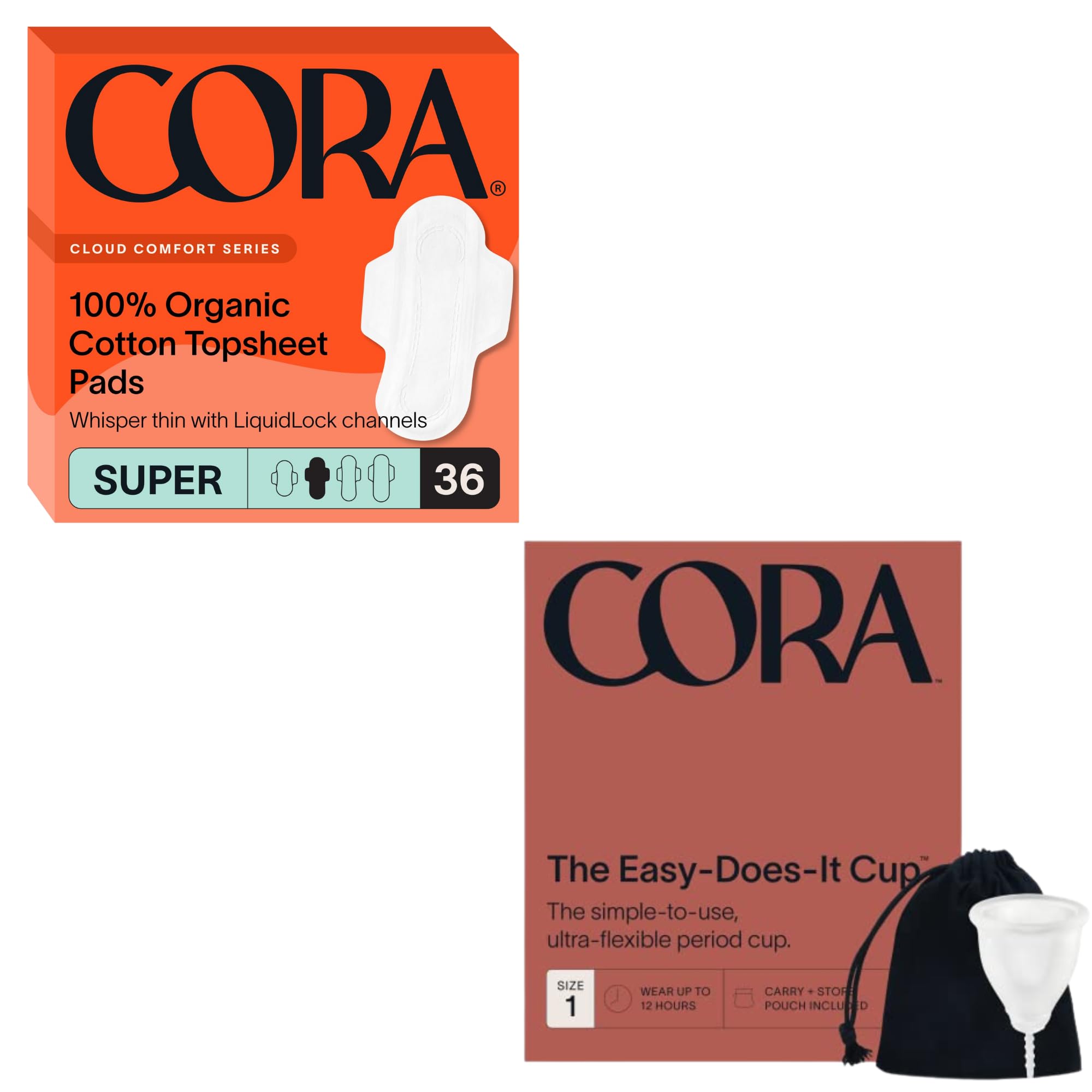 Cora Organic Feminine Care 36 Super Absorbency Pads and a Menstrual Period Cup Medical Grade Silicone Eco-Conscious Bundle