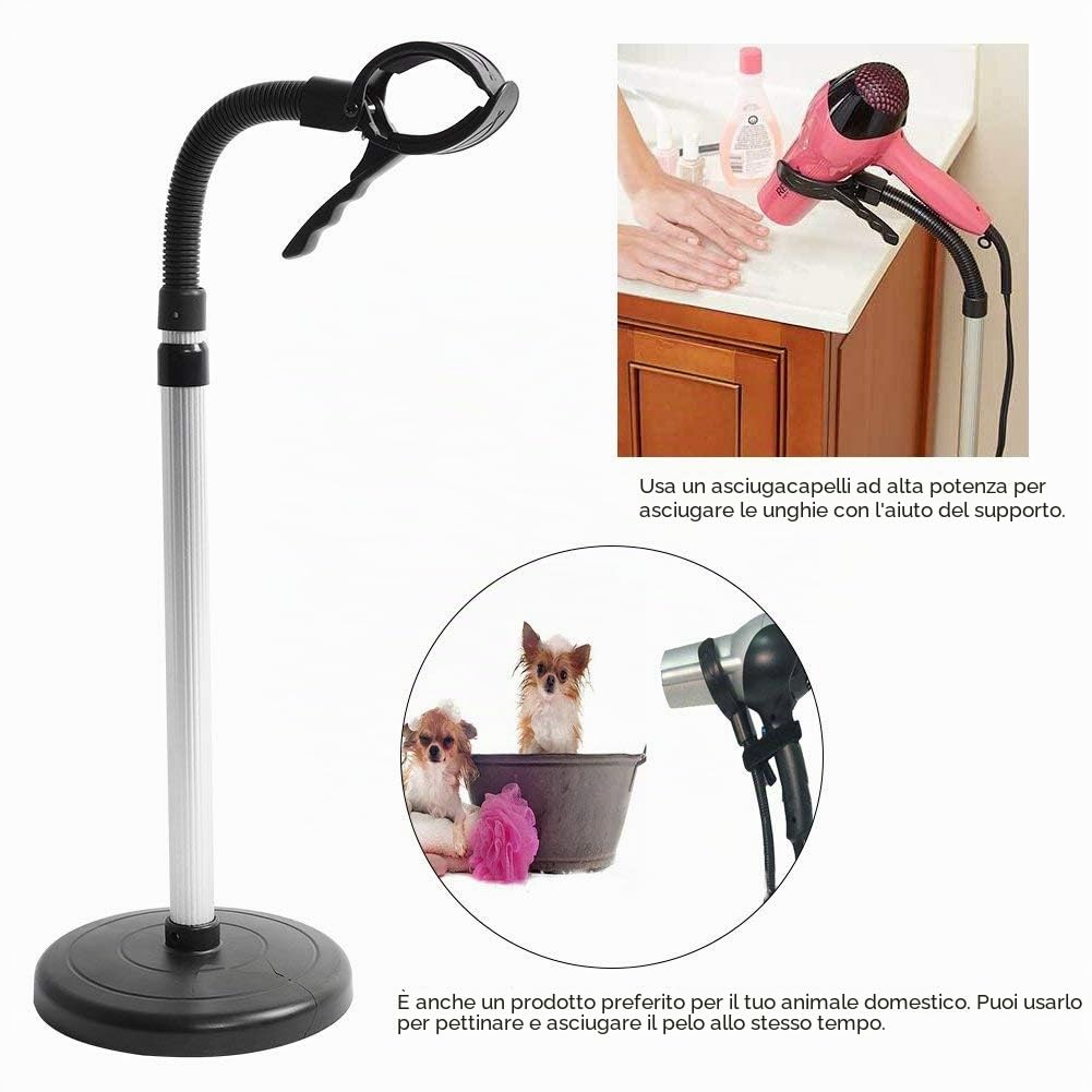 Ejoyous Porta Asciugacapelli, Piantana Porta Phon in Acciaio Inox, Regolabile in Altezza Supporto per Styling dei Capelli per Le Donne e Gli Animali Domestici 40 x 19 x 6 cm