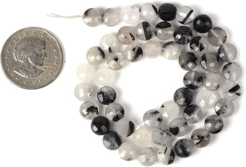 Miniatura 2 de Cuentas sueltas de cuarzo rutilado negro natural de 0.315 in, moneda facetada Discoid, cuentas sueltas de 15 pulgadas para hacer joyas de bricolaje