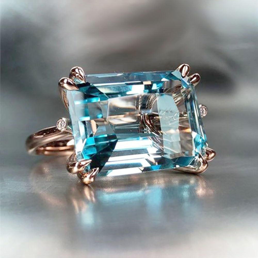 Gold Plated Blue Square Cubic Zirconia Inlaid Fashion Engagement Rings Wedding Bridal Band Promise Rings Evening Parties Anniversary Valentine's Day Gifts Eternity Bands for Women