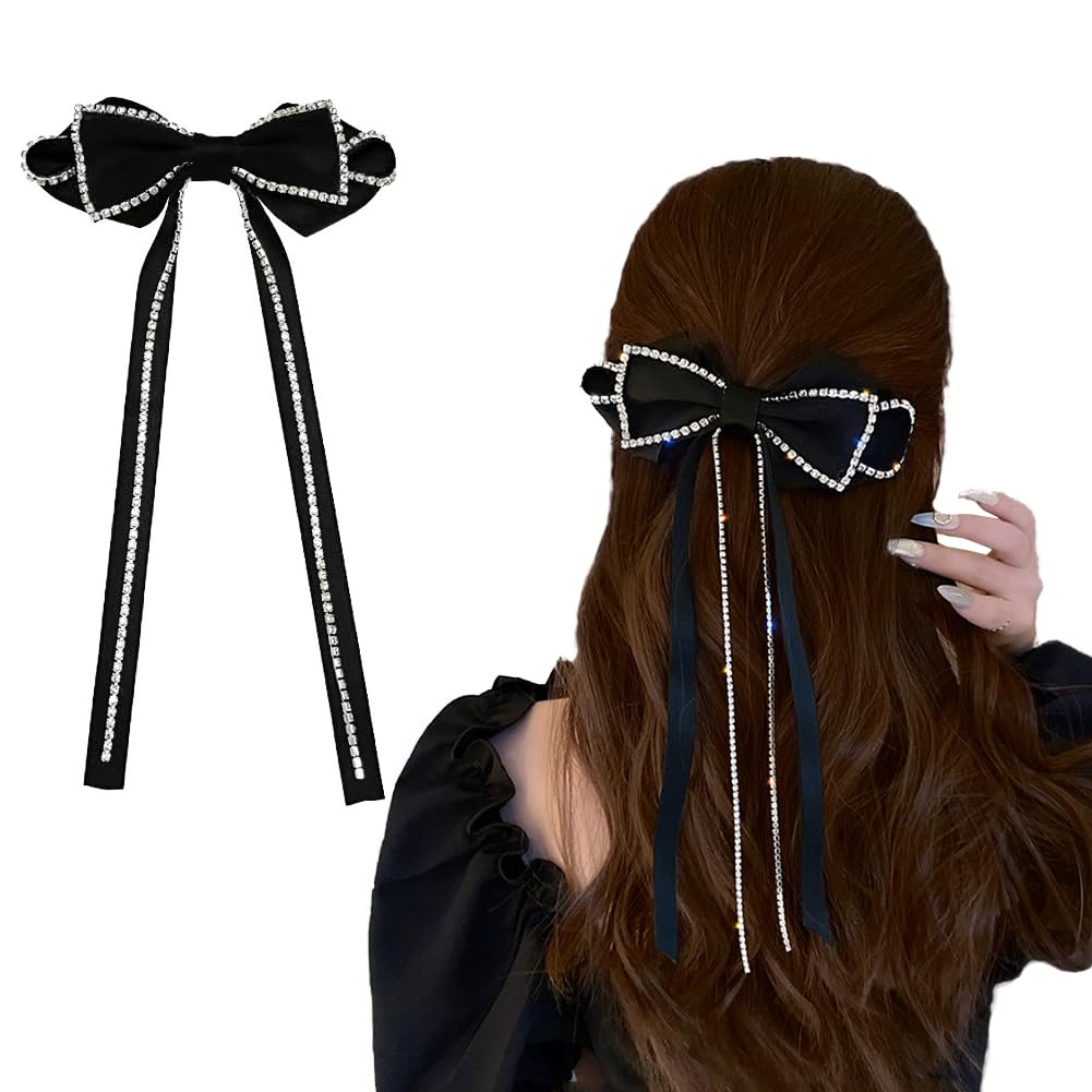 Large Bow Hair Clip Long Ribbon Hair Bows Rhinestone Tassel Hair Clip Barrette French Design Hair Styling Accessories for Women Girls