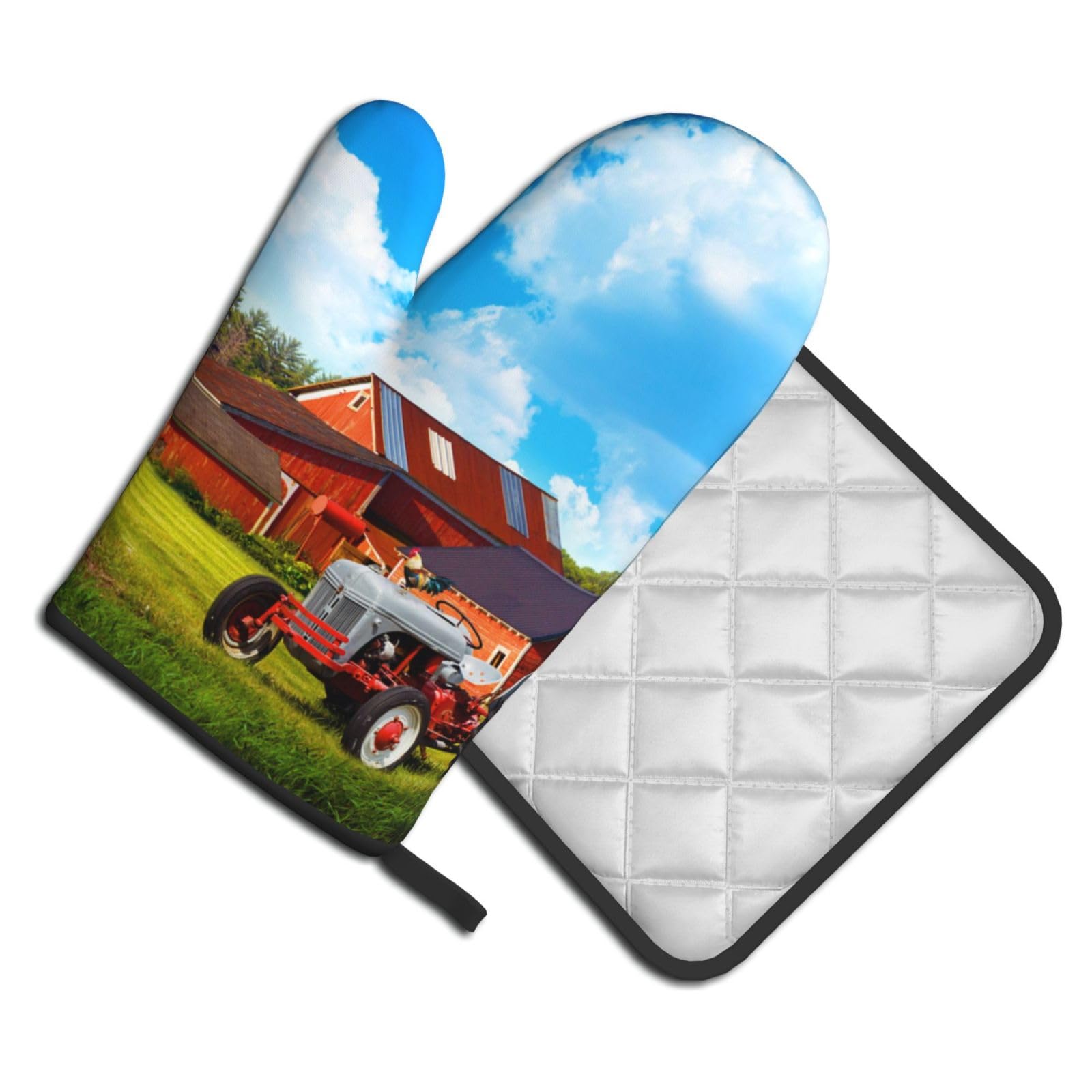 Oven Mitts and Pot Holders Set of 2 Pcs, Company Farm Tractor Printed Heat Resistant Kitchen Gloves Potholders for Cooking Baking Grilling