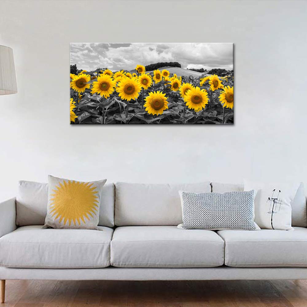 Condition photo showing New/Like New for klvos large sunflower art wall decor black and white floral canvas wall art giclee print on canvas framed and stretched modern home living room bedroom office decoration ready to hang 24"x48"