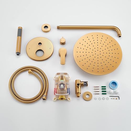 Miniatura 7 de Iriber Sistema de ducha dorado cepillado montado en la pared grifo mezclador con cabezal de ducha de lluvia de 10 pulgadas y mano, kit de molduras