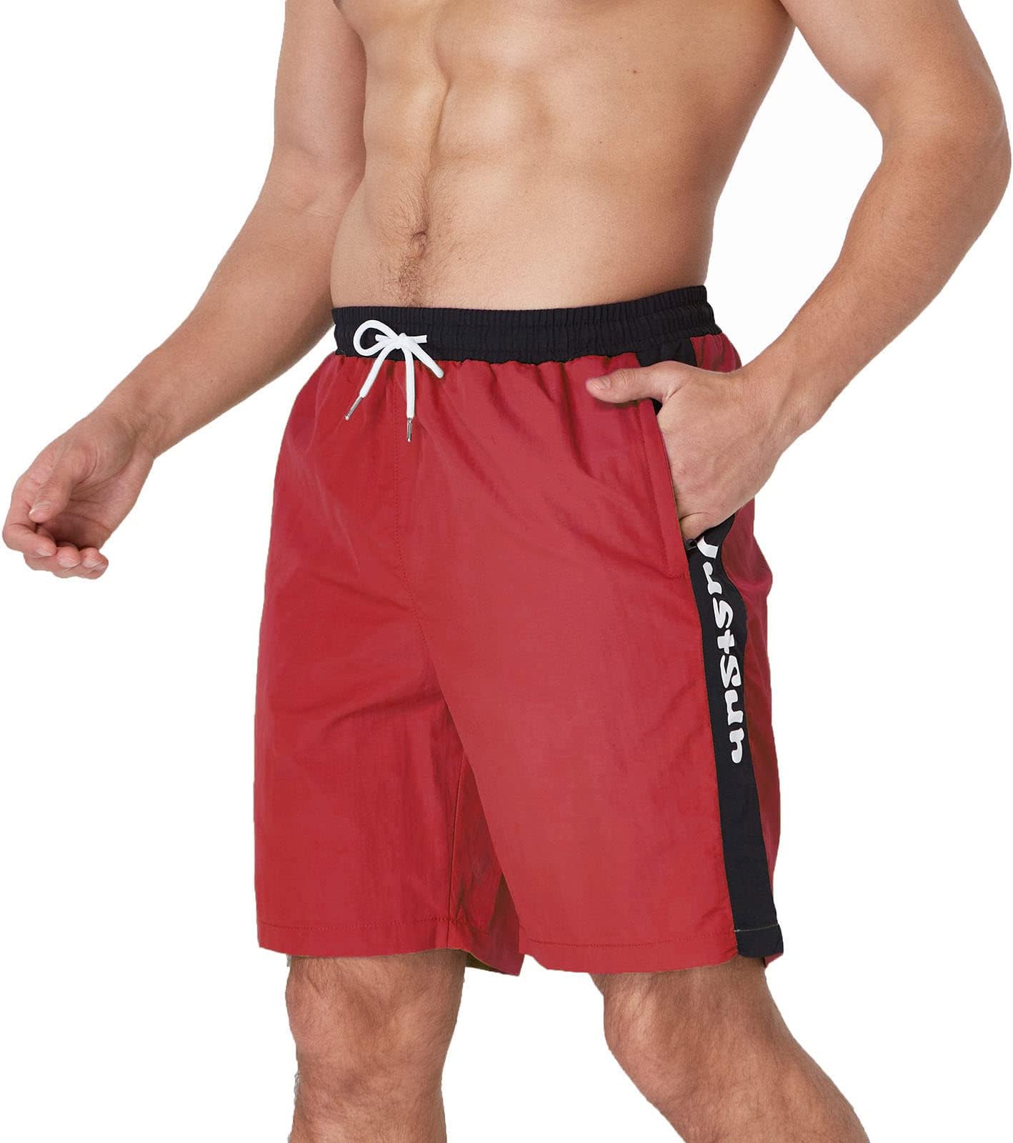 JustSun Mens Swim Shorts Waterproof Board Shorts with Zip Pockets, Red, M