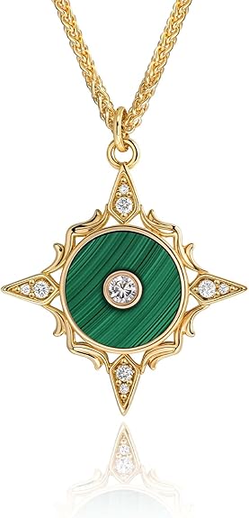 Fettero Necklaces for Women Trendy 14K Gold Plated Charm Necklace Green Malachite Heart Coin Butterfly Cross Clover Pendant Dainty Gold Necklace for Women Jewelry