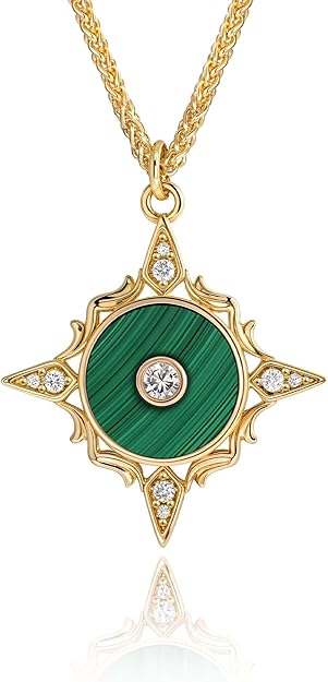 Fettero Necklaces for Women Trendy 14K Gold Plated Charm Necklace Green Malachite Heart Coin Butterfly Cross Clover Pendant Dainty Gold Necklace for Women Jewelry