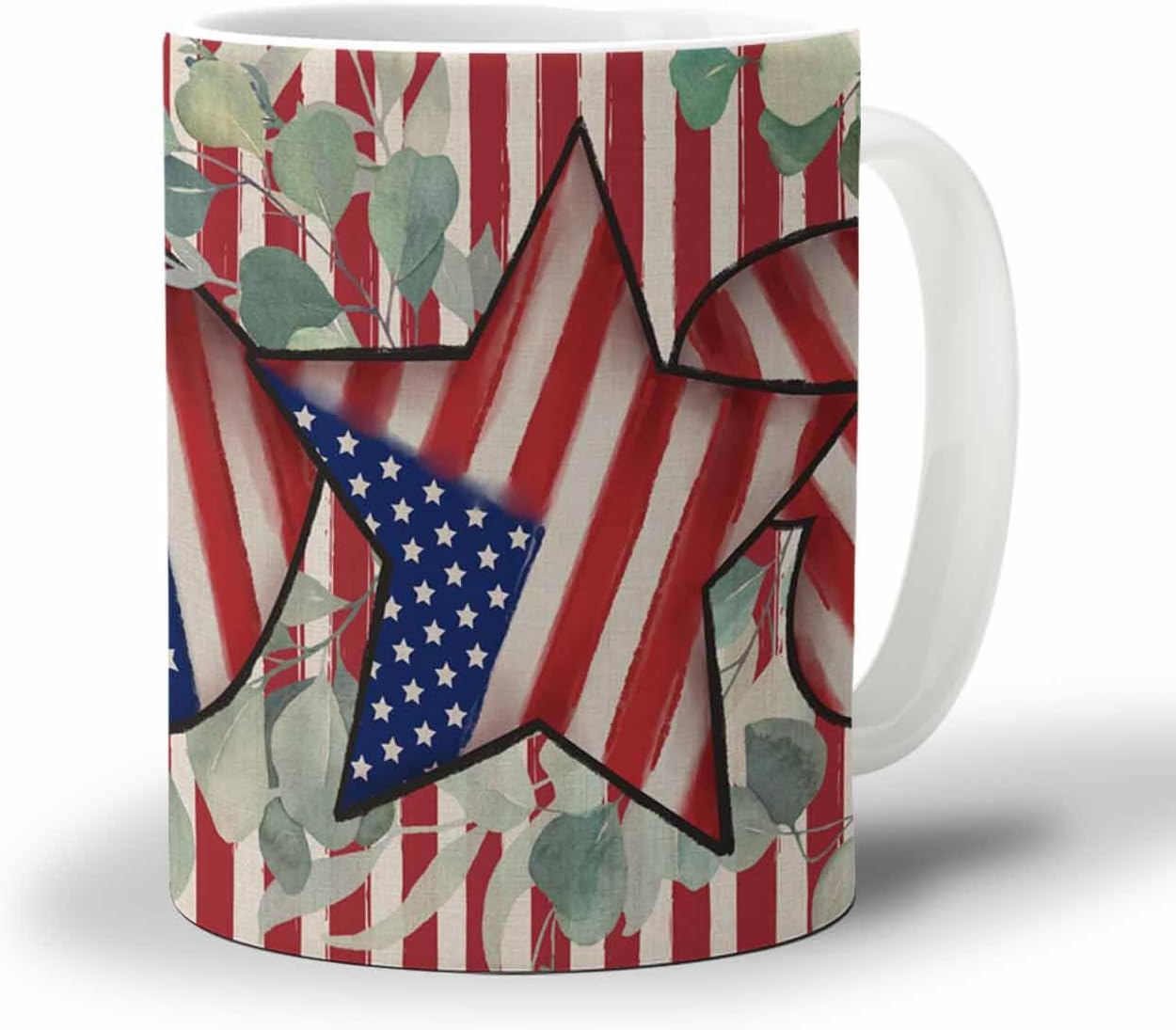 BEMIGO Ceramic Coffee Mug Independence Day Star Ceramic Mug White Cup, Eucalyptus Leaf Insulated Coffee Cup with Handle with Pattern Perfect for Tea and Hot Beverages, 12oz