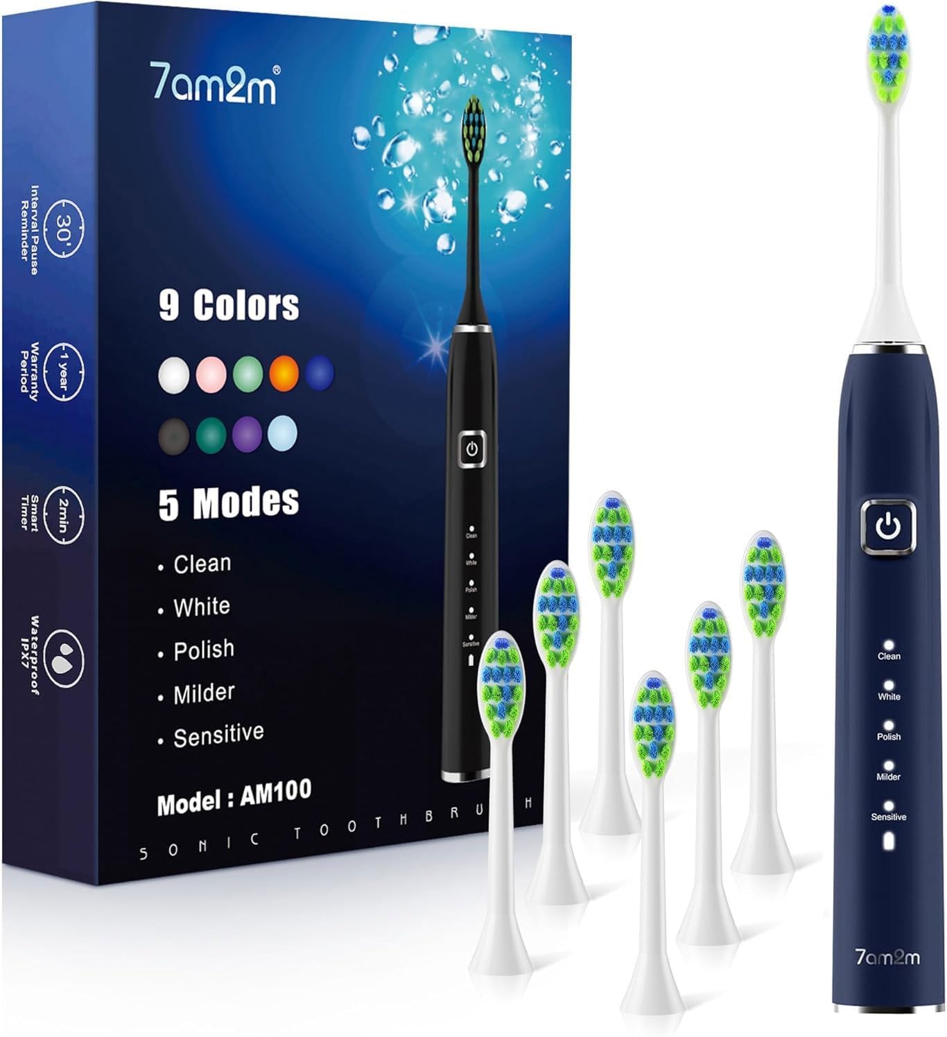 7AM2M Ultrasonic Electric Toothbrush with 6 Brush Heads for Adults&Kids, One Charge for 120 Days, USB-C Charge, 5 Modes, 40000VPM Powered Toothbrush, 2 Minutes Built in Smart Timer (Navy Blue)