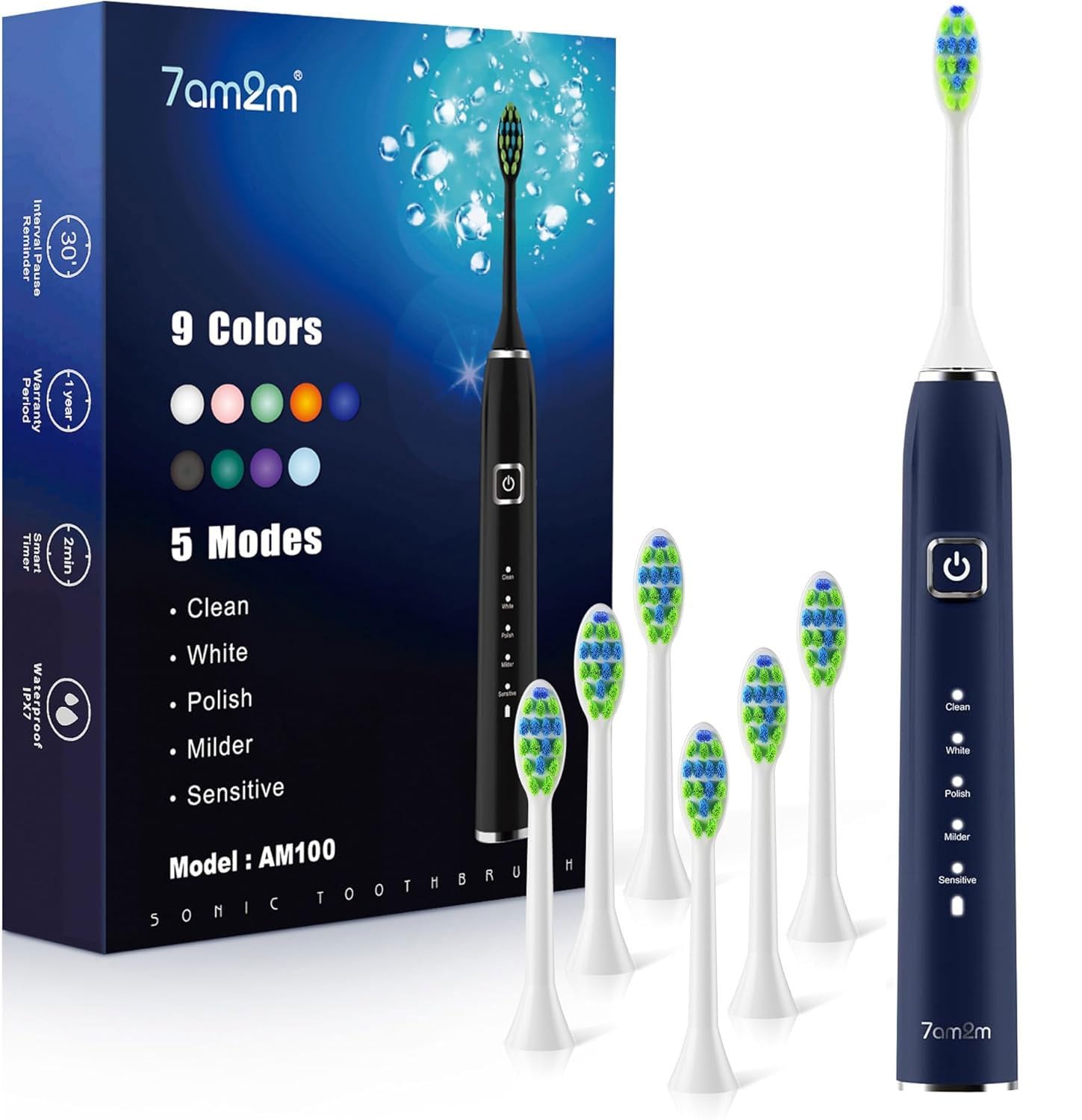 7AM2M Brosse à dents à ultrasons pour adultes et enfants, 6 têtes de brosse, rechargeable de type C, 120 jours d'autonomie, 5 modes, 40 000 VPM, minuterie intelligente de 2 minutes, bleu marine