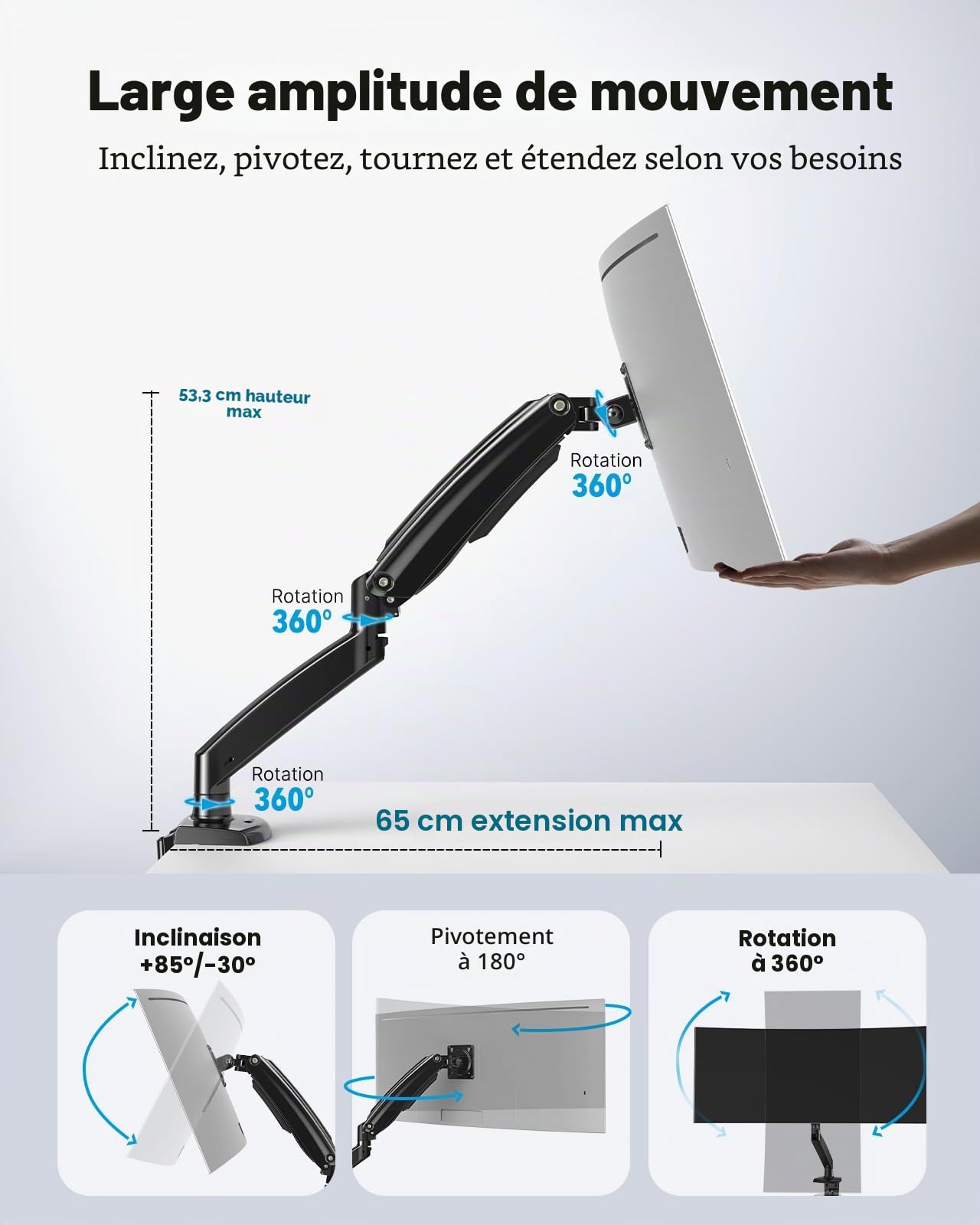HUANUO Bras Écran pc 49 Pouces Unique, Support Écran pc Ultra-Large Pouvant Supporter 12 kg, Bras Ecran pc Réglable Amélioré avec USB, Pince en C et Base à œillet, VESA 75 x 75 ou 100 x 100 mm Gaming